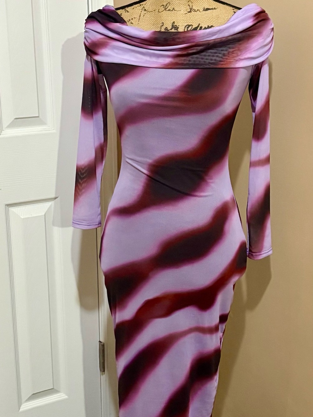 NWT Fashion Nova Off-Shoulder Lilac and Burgundy Bodycon Dress - S